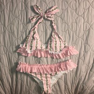 Two Piece Halter Ruffle Floral Bikini Set